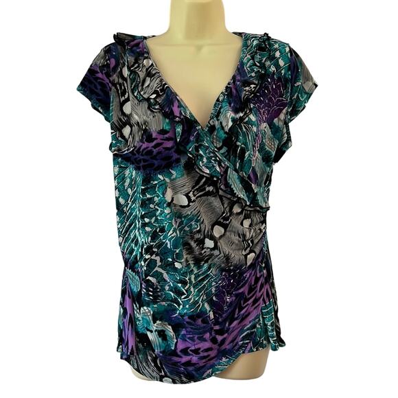 Luciano Dante Colorful Slinky Knit Surplice Top Blouse Woman Size Large Stretch - Picture 1 of 9